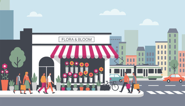 Lively city street scene featuring a flower shop named Flora and Bloom with people walking by and public transport in the background.