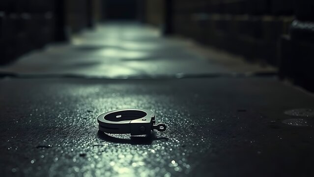 A pair of broken metal handcuffs on wet pavement in a dim alley.