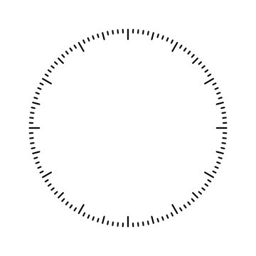 Mechanical clock face, bezel. Watch dial with minute and hour marks. Timer or stopwatch element. Blank measuring circle scale with divisions. Vector illustration