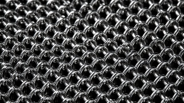 Close interlocked polished metal chainmail rings in uniform repeating pattern on dark background shows textured metallic chain mail armor pattern