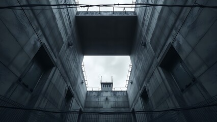 Obraz premium View looking up from a courtyard with concrete walls framing a gray sky.