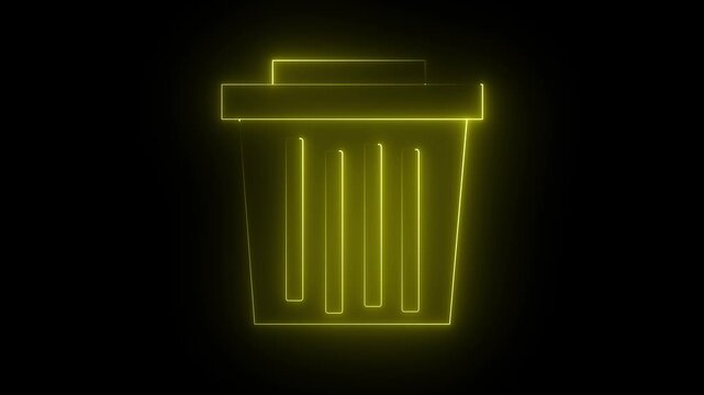 Neon glowing yellow color delete animation icon trash rubbish remove animated on black background. 4k animation motion graphics video..