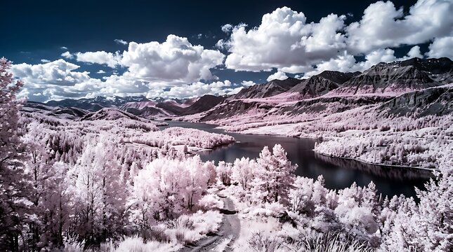 A stunning infrared landscape photograph showing white trees and lush vegetation against a dark blue sky with fluffy white clouds in nature