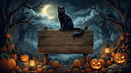 Black Cat Sitting on Blank Wooden Signboard in Halloween Pumpkin Patch