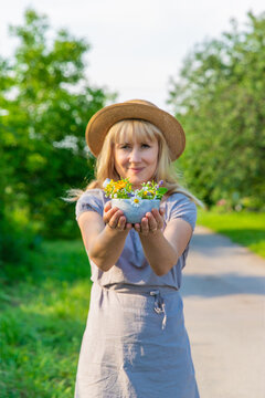 Woman with medicinal herbs. Selective focus.