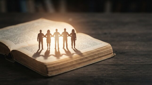 Diverse group of tiny people holding hands on an open book with light