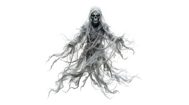 Scary grim reaper skeleton ghost in tattered robes isolated on transparent background