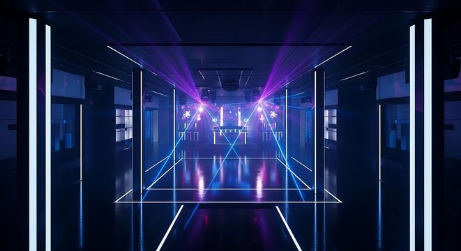 Modern nightclub interior featuring vibrant neon laser lighting effects above a dark reflective dance floor