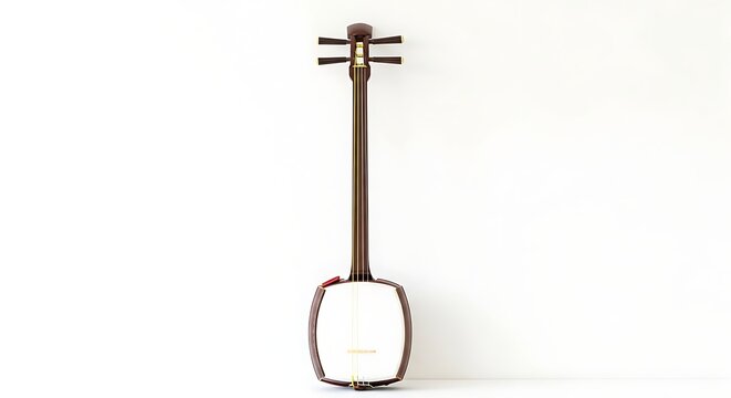 Traditional three stringed japanese instrument leaning against a plain white studio background wall surface