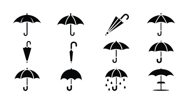 Collection of twelve different black umbrella icons illustrating various forms and functions for weather protection