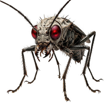 Macro closeup of a terrifying alien insect with red eyes and sharp mandibles isolated on transparent background