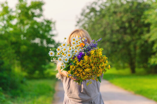 Woman with medicinal herbs. Selective focus.
