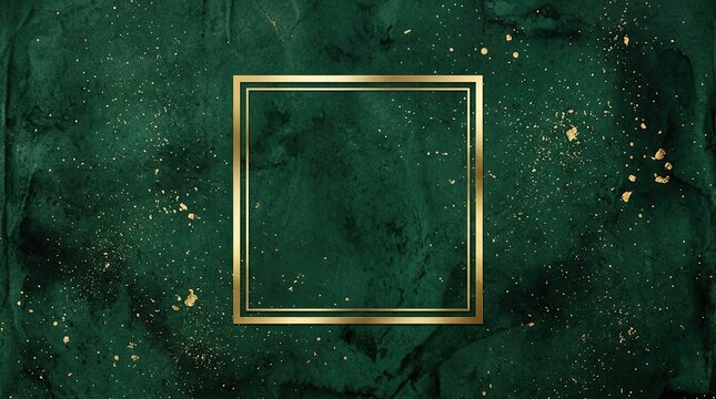 Emerald green marble background with gold frame, luxury malachite texture with golden glitter, elegant emerald stone surface for invitation design