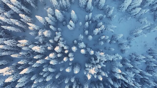 Aerial drone view of a snowy pine forest on a bright winter day. Cold fir trees covered in snow, seasonal winter nature background.