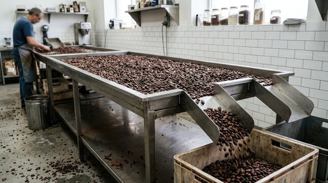 Artisan chocolate production with roasted cocoa beans on cooling table, professional chocolatier sorting organic cacao in factory workshop