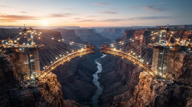 Illuminated suspension bridge spanning a deep canyon at sunset