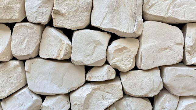 Close-up of a stacked wall made of irregularly shaped, light-colored stones with visible texture and gaps.