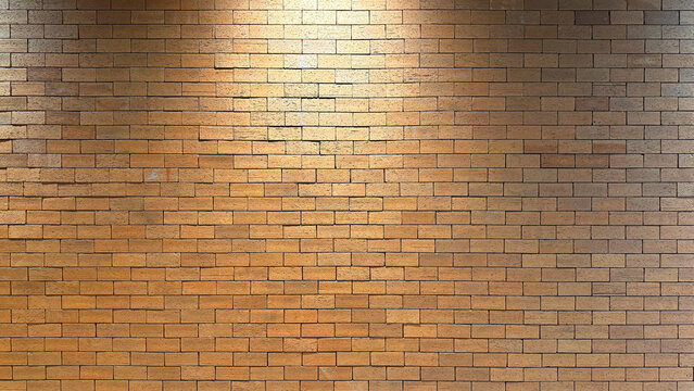 Warm brown brick wall texture background illuminated by top spotlight overhead light beam architectural exterior interior background design seamless pattern closeup for banner backdrop copy space.