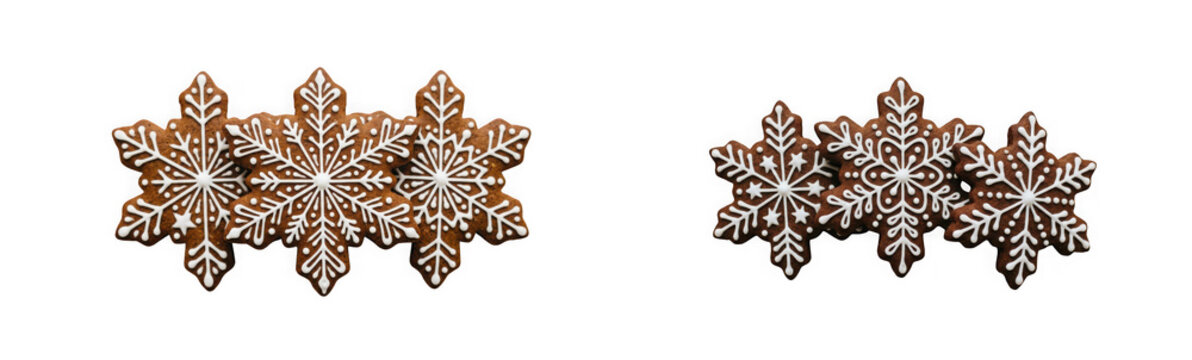 Two rows of decorated gingerbread snowflake cookies isolated on transparent background