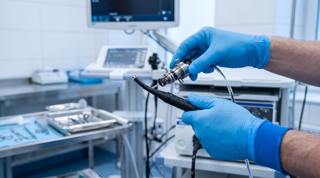 Surgeon's hands in blue sterile gloves holding medical endoscope for laparoscopic surgery in modern hospital operating room