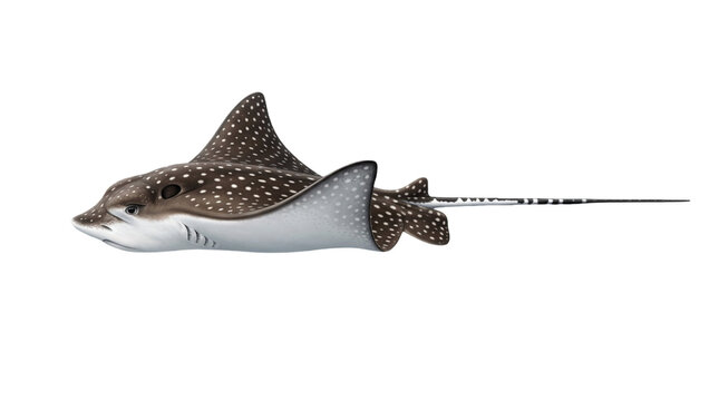 Realistic spotted eagle ray marine fish with long whip tail detailed aquatic wildlife illustration isolated on white background