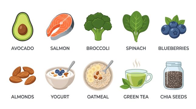 A flat vector illustration set of ten healthy superfoods icons on a white background