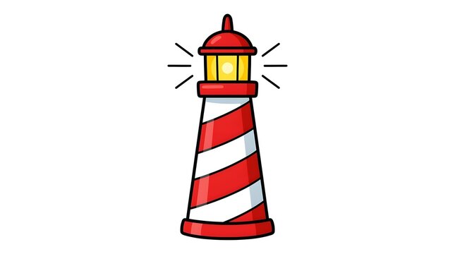 A cute, cartoon-style illustration of a classic red and white striped lighthouse shining its light, isolated on white