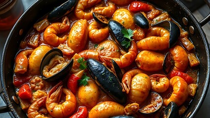 Fototapeta premium Traditional Spanish paella in a pan, showcasing rich colors and textures under soft light.