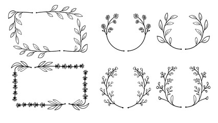Fototapeta premium Botanical Rectangle Border and Floral Wreath Line Art Set Vector Illustration