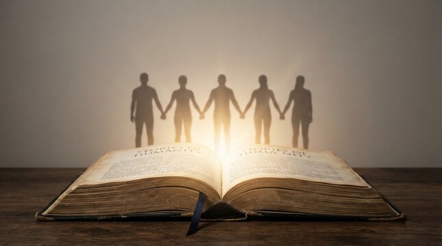 Open book with illuminated pages and shadow figures holding hands