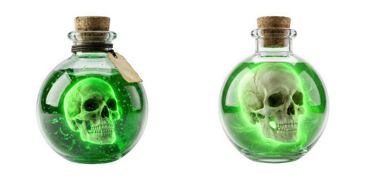 Glass potion bottles with glowing green liquid and skull inside isolated on transparent background