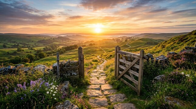 Open wooden gate on stone path leading through rolling green hills at sunset