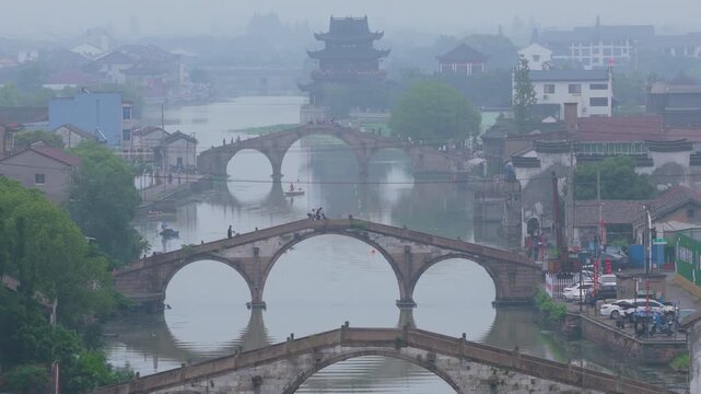 Aerial View of the three bridges in Shuanglin Town, Huzhou, Zhejiang Province, China.