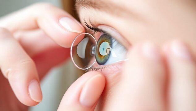 Person carefully inserting clear contact lens into eye close up view