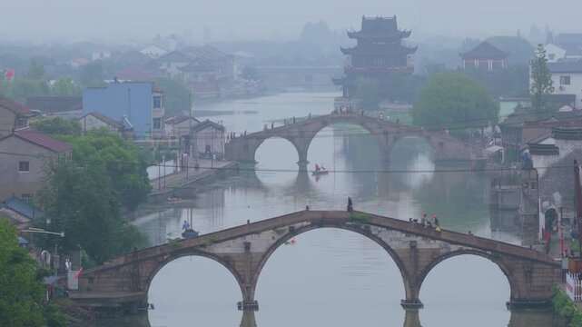 Aerial View of the three bridges in Shuanglin Town, Huzhou, Zhejiang Province, China.