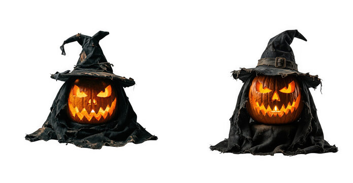 Two scary halloween pumpkins wearing witch hats isolated on transparent background