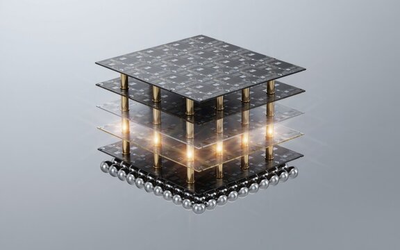 Microchip processor layers stacked in a three dimensional structure with gold vertical connectors and a base made of tiny silver solder spheres against a clean neutral grey studio background lighting