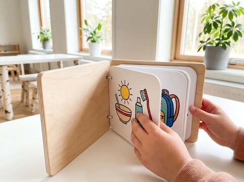 Close up of child hands picking communication cards from a wooden organizer box in a classroom
