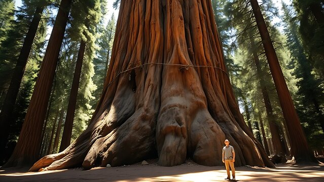 Giant sequoia tree base with tiny figure for scale, sunlight through forest.