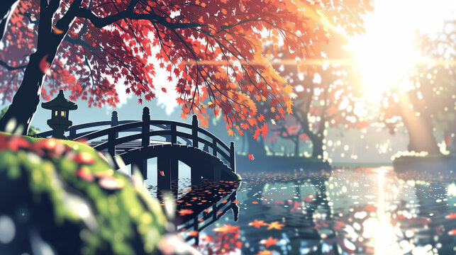 Stylised flat illustration of a Japanese garden bridge under vivid autumn maples with sparkling bokeh water, フラットな色面で描く日本庭園の橋と紅葉 きらめく水面とボケ光
