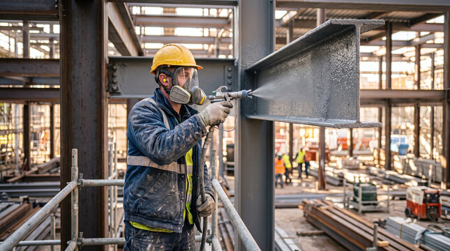 Worker spraying intumescent fire protection coating on structural steel beam