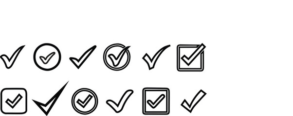 Clean line checkmark icon set with tick marks in circles and square boxes vector isolated on a white background for UI and survey designs. © Rana Hamid