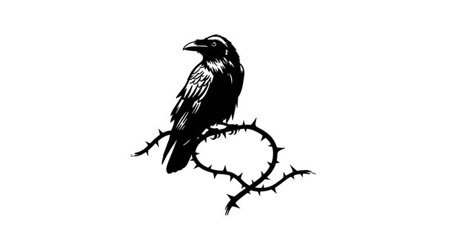 Goth raven perched on thorny branch black vector illustration