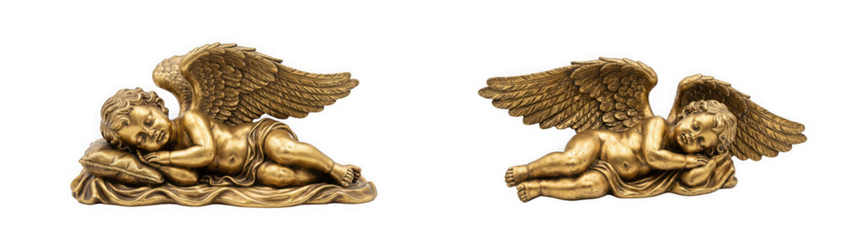 Two gold statues of a sleeping cherub angel on a pillow isolated on transparent background