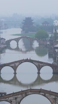 Aerial View of the three bridges in Shuanglin Town, Huzhou, Zhejiang Province, China.