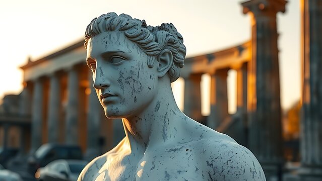 A headless classical marble statue standing in ruins, golden hour sunlight.
