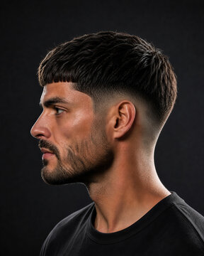 Bold Edgar cut hairstyle for men featuring a sharp blunt fringe and high fade sides. Modern barber haircut ideal for fashion, grooming, salon, barbershop, and lifestyle concepts.