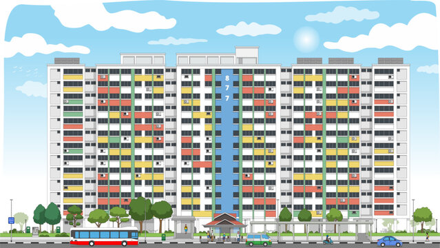 Modern Singapore HDB flat with solar panels, sheltered walkways, greenery, and a sleek bus stop -offering convenient public transport and a clean, sustainable community vibe.