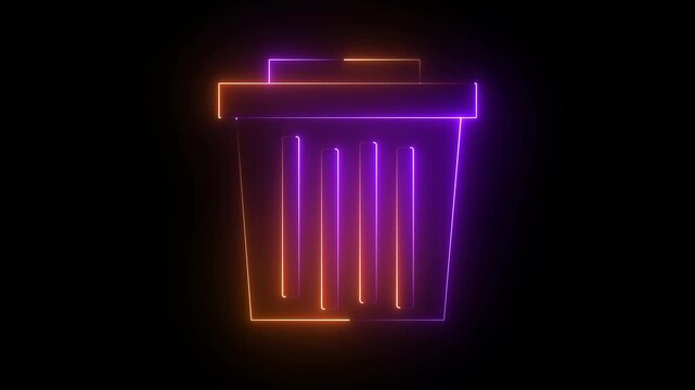 Neon glowing purple and orange color delete animation icon trash rubbish remove animated on black background. 4k animation motion graphics video..