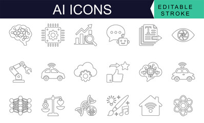 Fototapeta premium Extensive array of modern artificial intelligence and neural network outline icons for robotics, data science, and innovation
